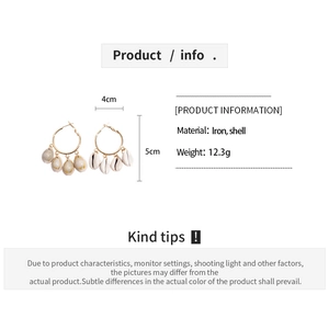Detailed size specifications for bohemian gold hoop earrings with natural shells