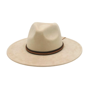 Klassischer beiger Fedora-Hut mit breiter Krempe und stilvollem braunem Lederband