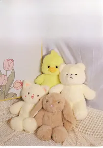Detailed plush set featuring cute yellow chick, white bear, cat, and brown bunny doll