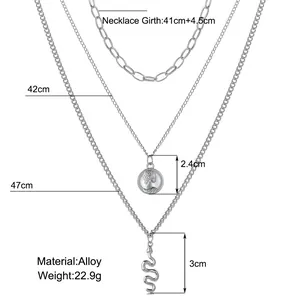Size chart for silver multi-layered necklace featuring coin and snake pendants in alloy