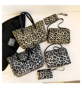 Three-piece leopard print bag set including tote and crossbody bag in two colors