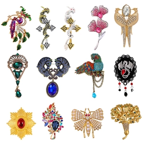 Set of 12 vintage style rhinestone animal and flower brooches with enamel finish