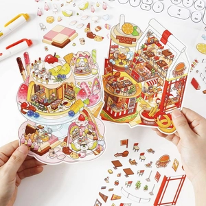 DIY 2.5D Scene Stickers PET Cartoon Food Shop Hamburger Sushi Restaurant Journaling Decoration Craft Scrapbooking
