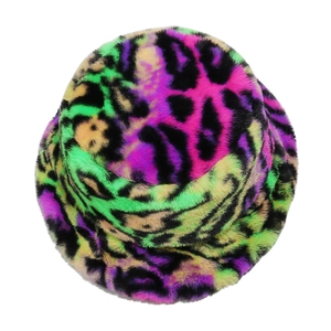 Chic leopard print faux fur bucket hat featuring vibrant neon multicolor plush patterns