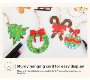 Detailed view of DIY Christmas wooden ornaments with colorful patterns and jute ropes