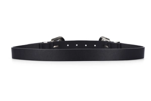 Detail of black pebbled leather belt featuring dual silver engraved buckles and sizing holes
