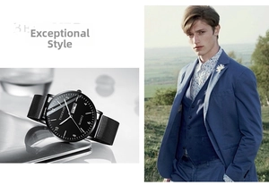 Men's quartz watch with black Milanese strap and dual calendar display for business style