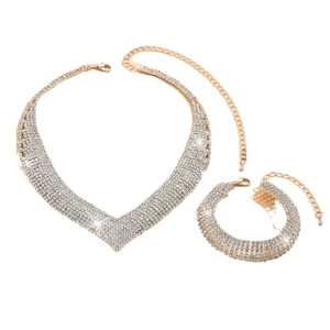Luxurious gold-plated bridal jewelry set with sparkling rhinestones necklace and bracelet