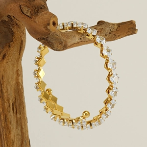 Detailed view of gold bangle with square zircons on natural branch background