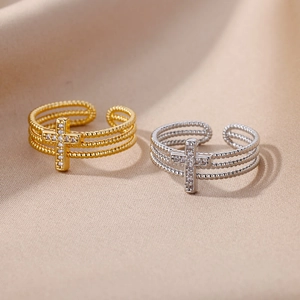 Cross open ring with micro-pave zircons in gold and silver finish for women