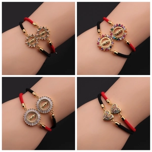 Adjustable Woven Rope Bracelet Copper Colorful Zircon Virgin Mary Heart Charm Religious Fashion Jewelry For Women