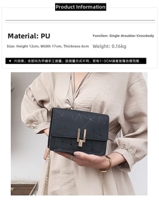 Detail showing the 17x6x12cm black PU leather bag with geometric pattern and gold clasp