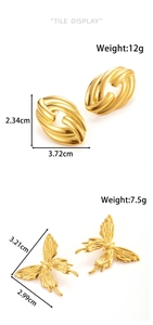 Detailed view of hammered gold stainless steel butterfly earrings and twisted hoop studs