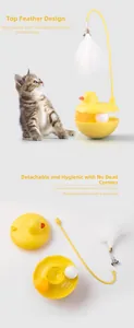 Detail showing the detachable yellow duck cat toy with feathers and a tumbler base