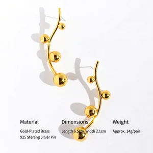 Fashion gold ball dangle earrings with curved artistic lines and 925 silver pins