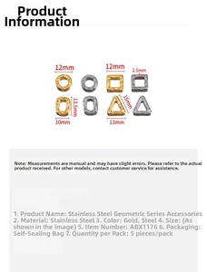 Detailed size chart for stainless steel geometric charms showing diameter and thickness