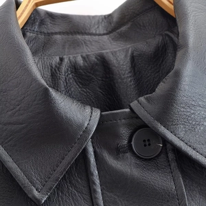 Women's black PU leather baseball jacket with pocket detail and classic pointed collar