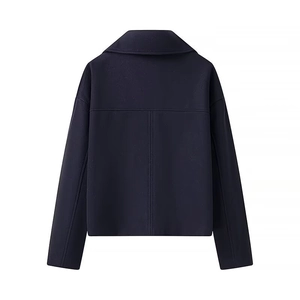 Navy blue short wool jacket for women with lapel collar and textured fabric back view