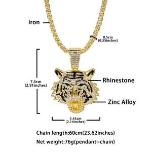 Detail showing dimensions and materials of the golden tiger head necklace with rhinestones