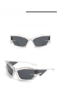 Front and side view of Y2K futuristic sunglasses with transparent frames and black lenses
