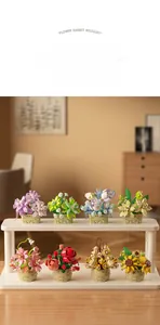 Detailed display of eight different building block flower baskets on a white shelf