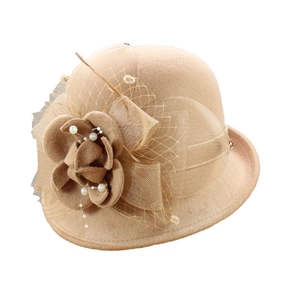 Chapeau cloche élégant en laine pour femme avec fleur 3D et perles, couleur camel