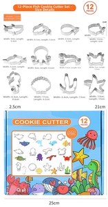 Size chart for the 12-piece stainless steel marine animal cookie cutter set with dimensions