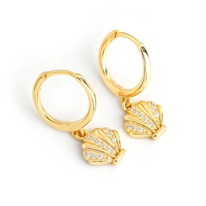 Golden S925 sterling silver hoop earrings with zircon shell pendants in island style