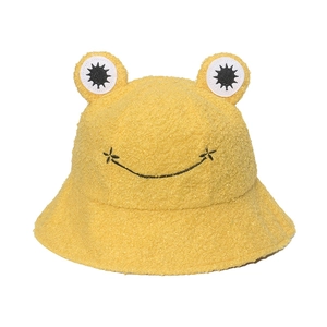 Cute yellow plush frog bucket hat with 3D eyes and soft lamb wool texture for winter warmth