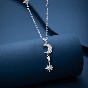 Elegant 925 sterling silver moon and star pendant necklace with white zircon stones