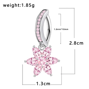Detailed view of pink flower belly button ring with weight and dimension measurements