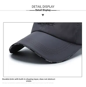 Detail of grey sports cap brim featuring SPORTS text and built-in sandwich structure
