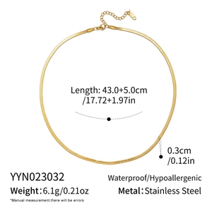 Flat snake bone chain necklace in 18K gold plated stainless steel showing size details