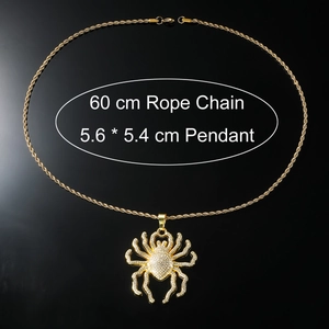 Detailed view of hip hop spider pendant showing 5.6x5.4 cm size and 60 cm rope chain