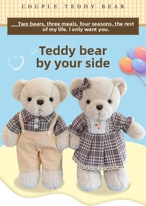 Detail of beige couple teddy bears wearing matching brown plaid outfits and overalls