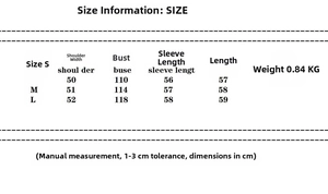 Size chart table for faux suede jacket with measurements in centimeters and weights