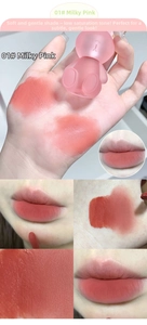 Macro detail of velvet matte lip clay with 01 light pink swatch and bear shaped bottle