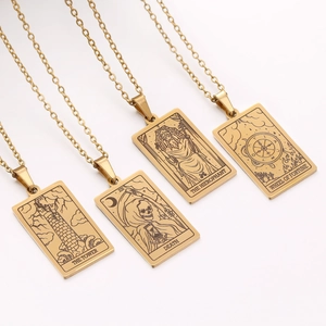 Golden tarot card pendant necklaces featuring Tower, Death, Pope, and Wheel of Fortune designs
