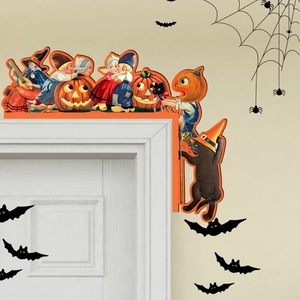 Detailed retro Halloween door corner sign featuring a vintage witch and pumpkin illustration