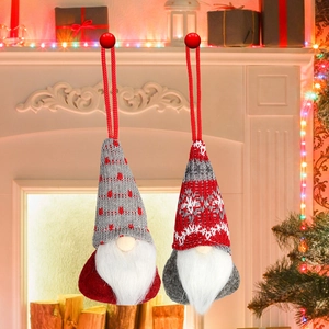 Christmas gnome hanging ornaments in red and gray knitted fabric for holiday home decor