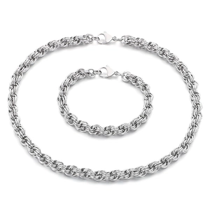Classic silver stainless steel twist chain necklace and bracelet set for men and women