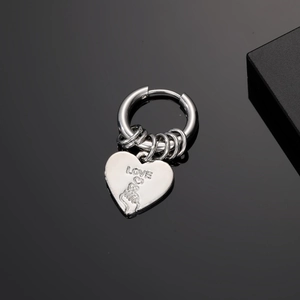 Vintage stainless steel hoop earring with heart pendant and LOVE engraving details