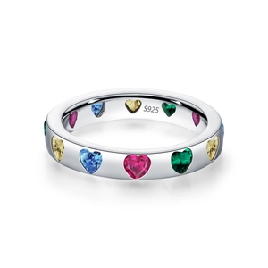 Polished S925 silver ring featuring colorful heart-shaped rhinestones on a white background