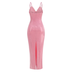Detail view of pink sequin dress featuring slim fit cut and back slit design