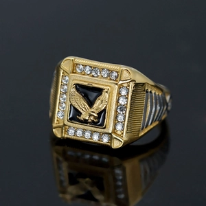 Mens hip hop gold and black eagle ring with white cubic zirconia in square signet style