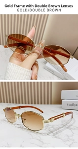 Detailaufnahme der Retro-Punk-Goldbrille mit braunen Verlaufsgläsern und Bügeln in Holzoptik