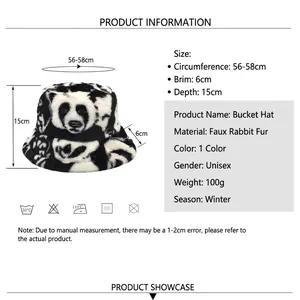 Winter panda print faux rabbit fur bucket hat with dimension guide for men and women