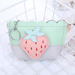 Cute strawberry coin purse in mint green PU leather with metal keychain in wire basket