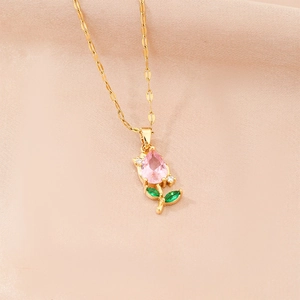 Tulip Flower Pendant Necklace Titanium Steel Copper Gold Plated Pink Green Zircon Elegant Floral Jewelry For Women