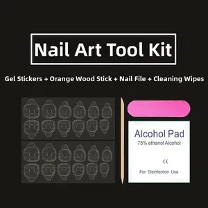 Press-on nail application kit with adhesive tabs, file, wood stick and alcohol prep pad